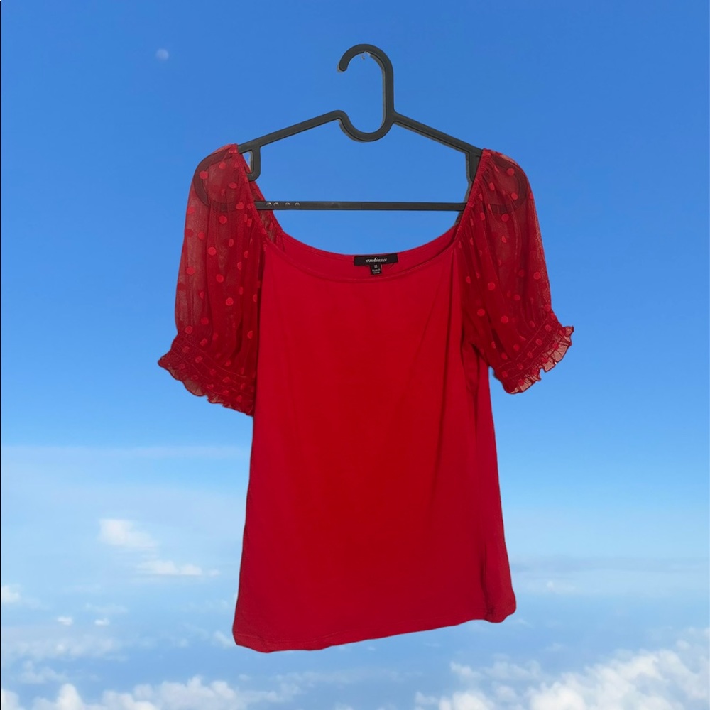Red Mesh Dot Puff Sleeve Top